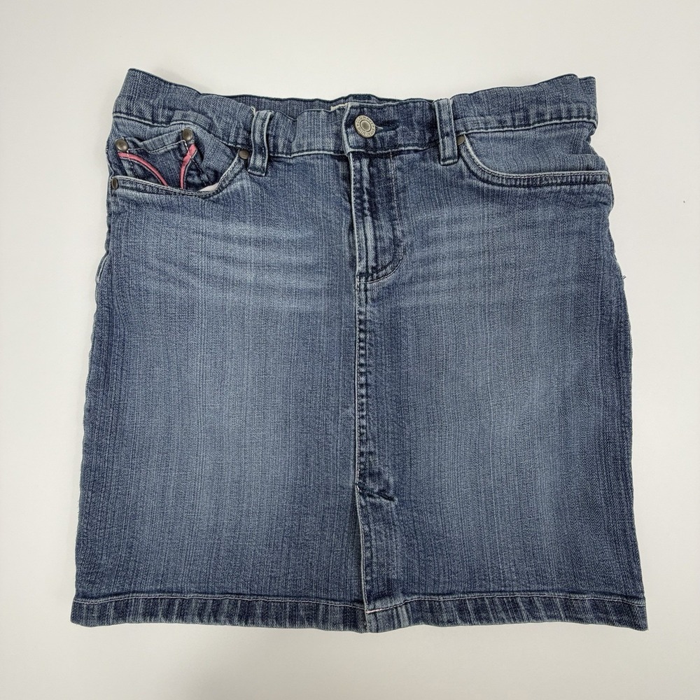 Old Navy Ultra Low Rise Denim Skirt Size 6 Stretch Y2K Blue Jeans Pink Stitch